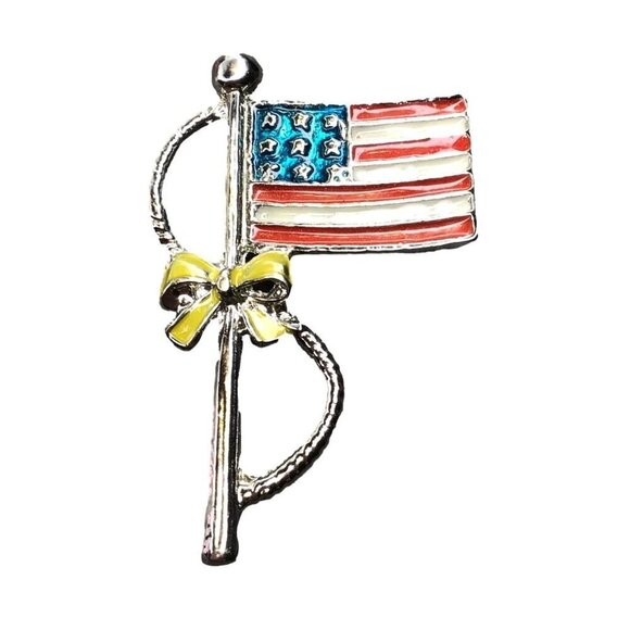 Patriotic American Flag Brooch Pin With Yellow Bow & Silver Accents - Picture 3 of 4